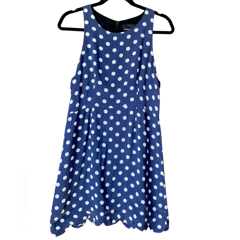 MINKPINK Women’s Blue with White Polka Dots Dress. Scalloped hem. 100% Viscose